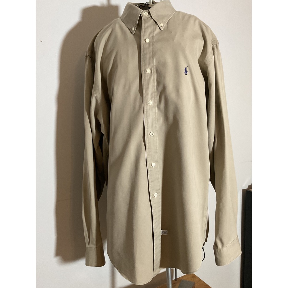 Ralph Lauren Mens Large Khaki Tan 100% Cotton Twill Button Down Shirt Navy Pony